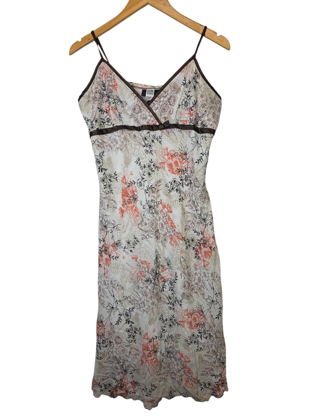 Studio 1940 Floral  White And Brown Spaghetti Strap Dress Size 14